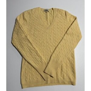 Kinross 100% Cashmere V Neck Sweater Women's M Yellow Cable Knit